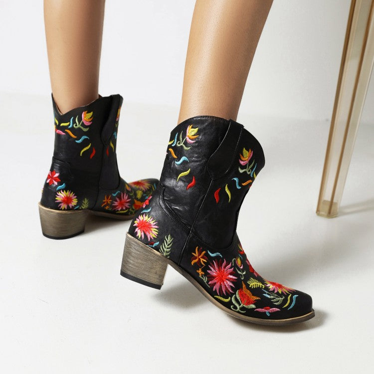 Women Ethnic Embroidery Block Heel Cowboy Short Boots