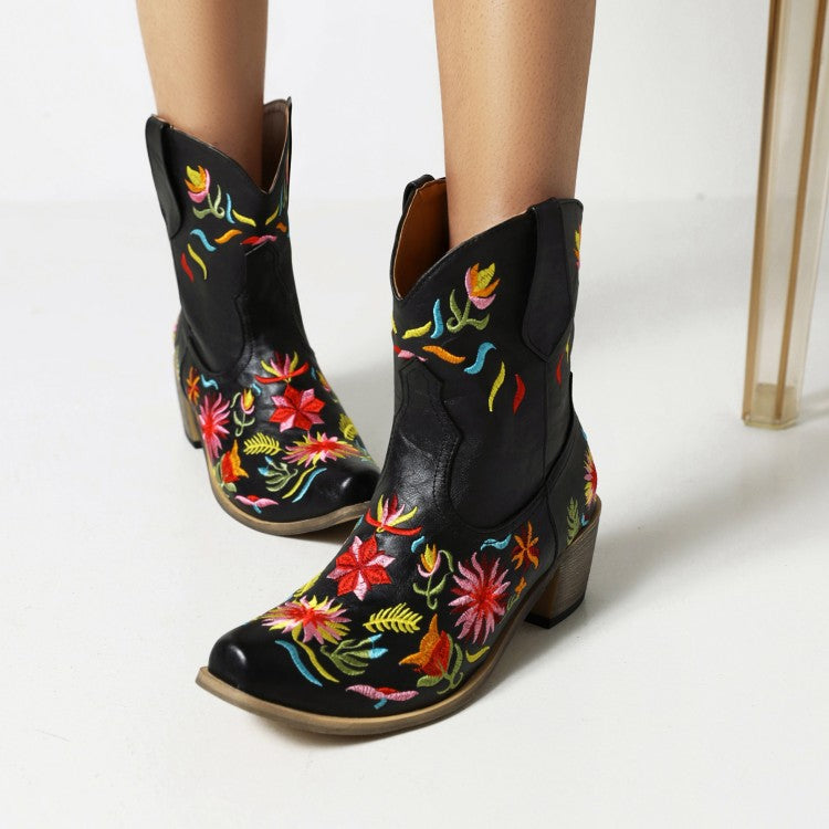 Women Ethnic Embroidery Block Heel Cowboy Short Boots