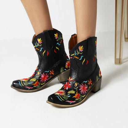 Women Ethnic Embroidery Block Heel Cowboy Short Boots