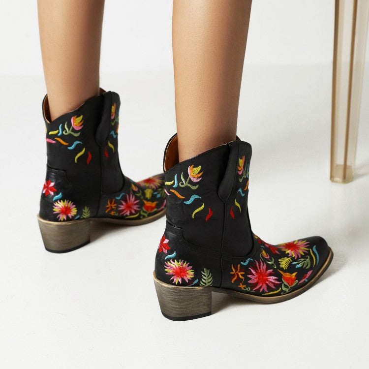 Women Ethnic Embroidery Block Heel Cowboy Short Boots