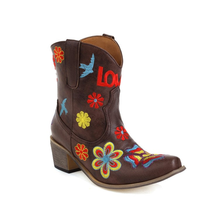 Women Ethnic Embroidery Puppy Heel Cowboy Short Boots