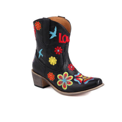 Women Ethnic Embroidery Puppy Heel Cowboy Short Boots