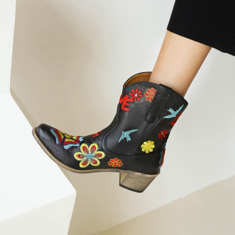 Women Ethnic Embroidery Puppy Heel Cowboy Short Boots