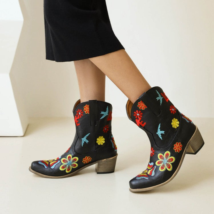 Women Ethnic Embroidery Puppy Heel Cowboy Short Boots