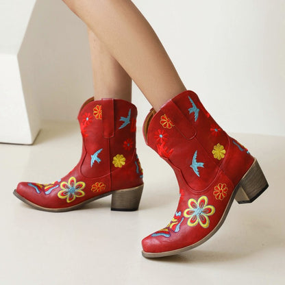 Women Ethnic Embroidery Puppy Heel Cowboy Short Boots