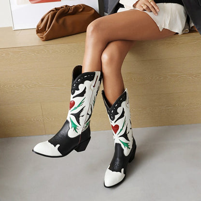 Ladies Patchwork Pointed Toe Block Heel Cowboy Mid Calf Boots