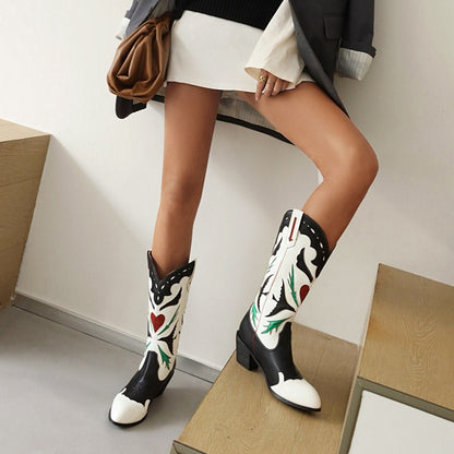 Ladies Patchwork Pointed Toe Block Heel Cowboy Mid Calf Boots