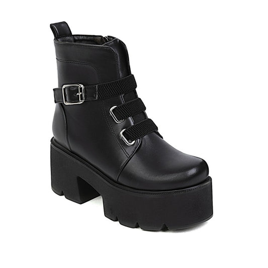 Women Round Toe Buckle Straps Chunky Heel Platform Short Boots