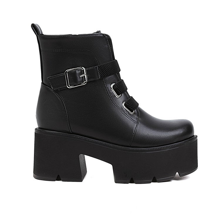 Women Round Toe Buckle Straps Chunky Heel Platform Short Boots