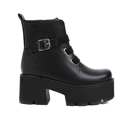 Women Round Toe Buckle Straps Chunky Heel Platform Short Boots