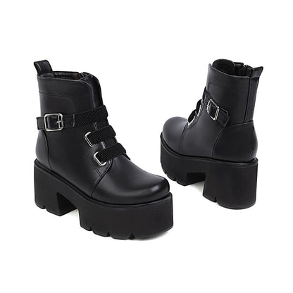 Women Round Toe Buckle Straps Chunky Heel Platform Short Boots