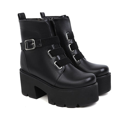 Women Round Toe Buckle Straps Chunky Heel Platform Short Boots