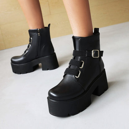 Women Round Toe Buckle Straps Chunky Heel Platform Short Boots