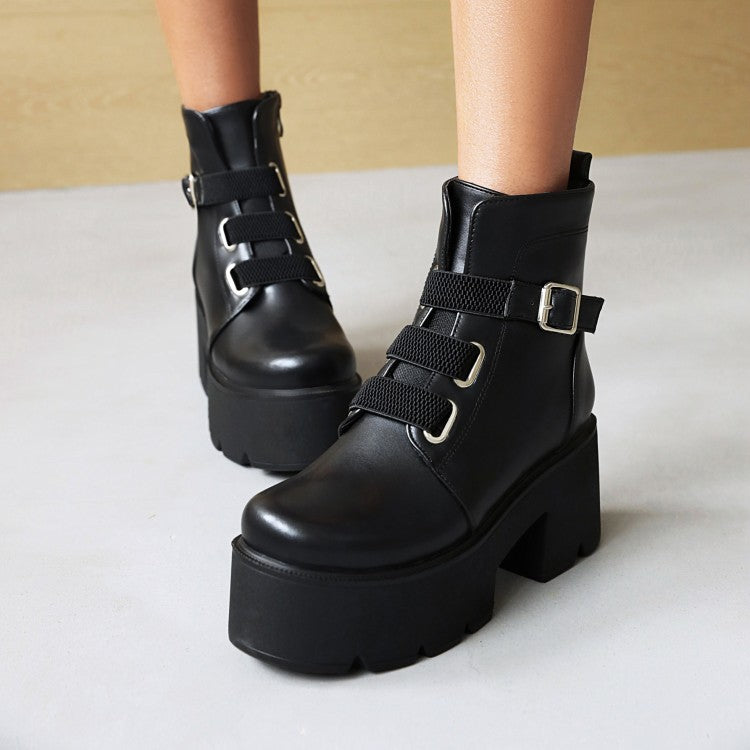 Women Round Toe Buckle Straps Chunky Heel Platform Short Boots