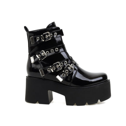 Women Round Toe Buckle Straps Block Heel Platform Short Boots