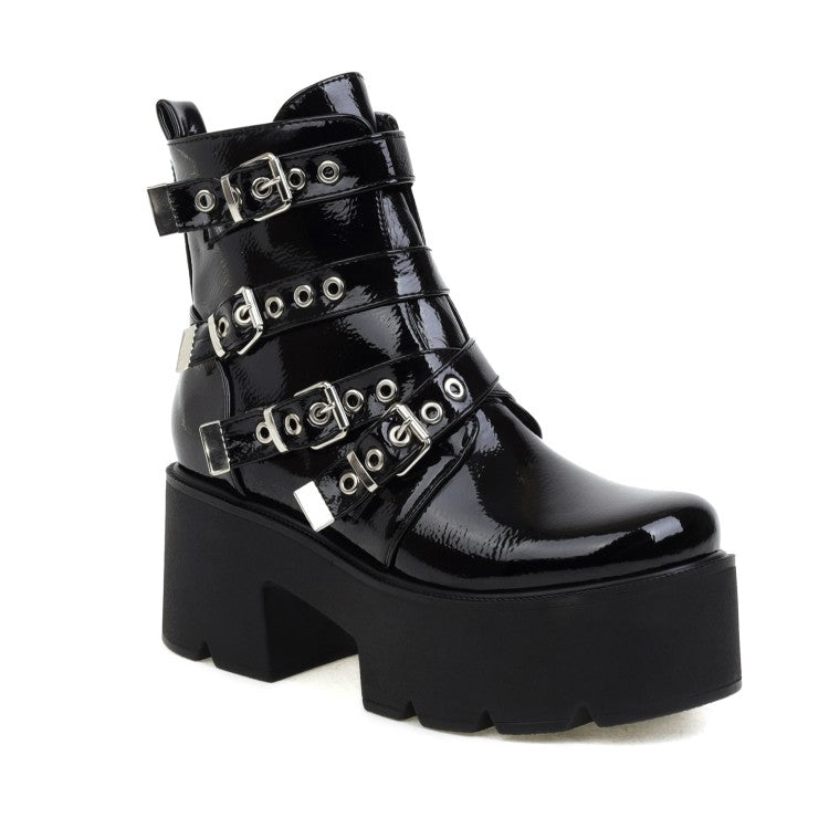 Women Round Toe Buckle Straps Block Heel Platform Short Boots