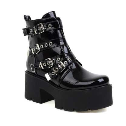 Women Round Toe Buckle Straps Block Heel Platform Short Boots