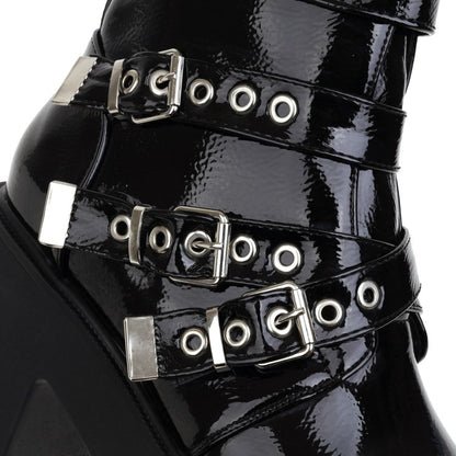 Women Round Toe Buckle Straps Block Heel Platform Short Boots