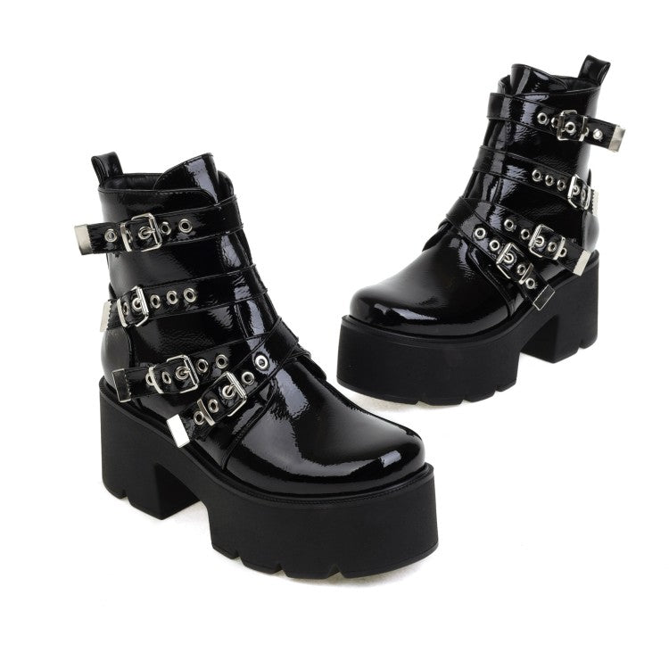 Women Round Toe Buckle Straps Block Heel Platform Short Boots