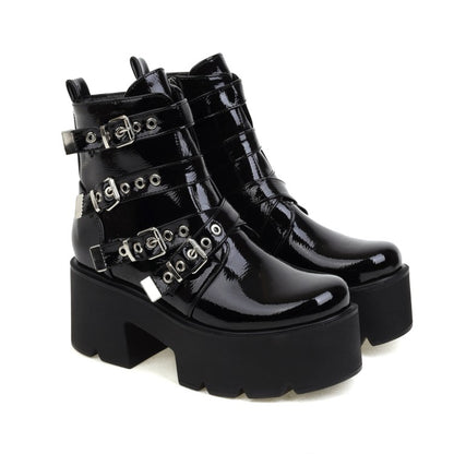 Women Round Toe Buckle Straps Block Heel Platform Short Boots