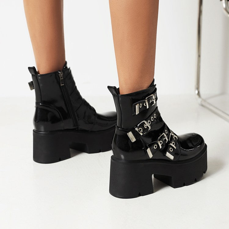 Women Round Toe Buckle Straps Block Heel Platform Short Boots