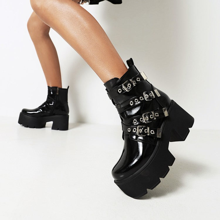 Women Round Toe Buckle Straps Block Heel Platform Short Boots