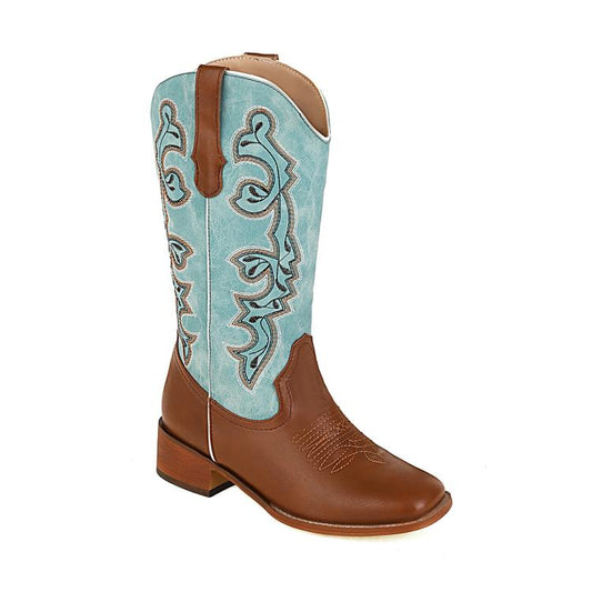 Ladies Ethnic Pu Leather Embroidery Block Heel Mid Calf Boots