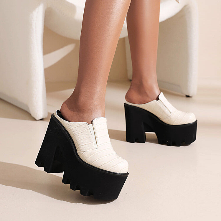 Women Thick Sole Snake Print Chunky High Heel Platform Slip on Loafers