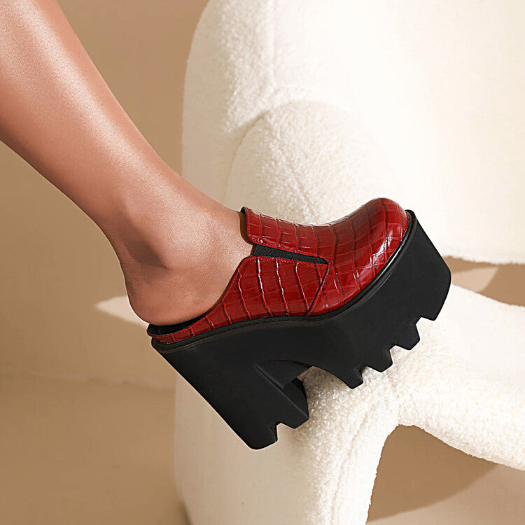Women Thick Sole Snake Print Chunky High Heel Platform Slip on Loafers
