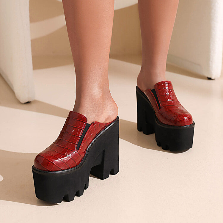 Women Thick Sole Snake Print Chunky High Heel Platform Slip on Loafers