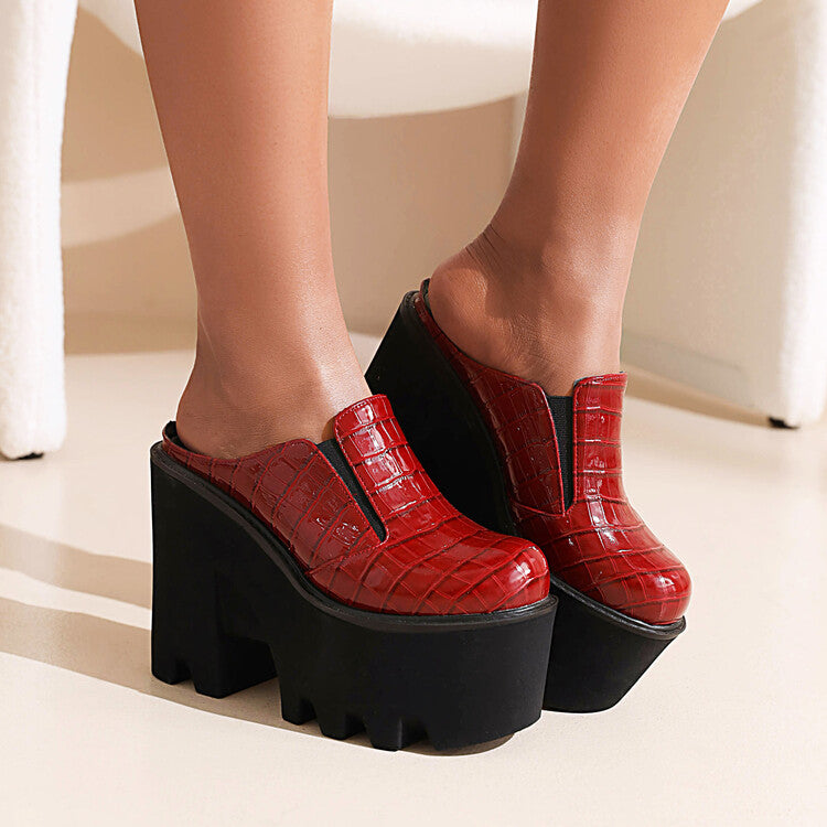 Women Thick Sole Snake Print Chunky High Heel Platform Slip on Loafers