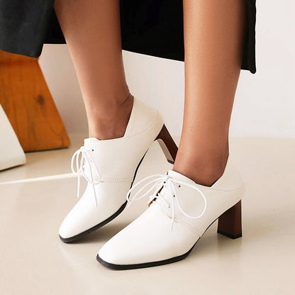 Women Square Toe Low Up Block Heels Shoes