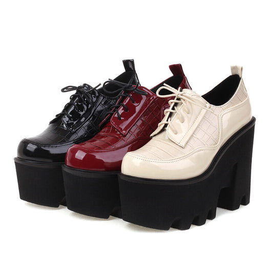 Women Plus Size Patent Leather Solid Color Lace Up Platform High Heels