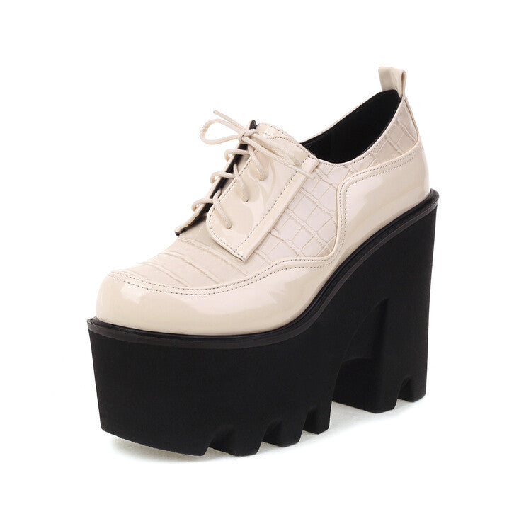 Women Plus Size Patent Leather Solid Color Lace Up Platform High Heels