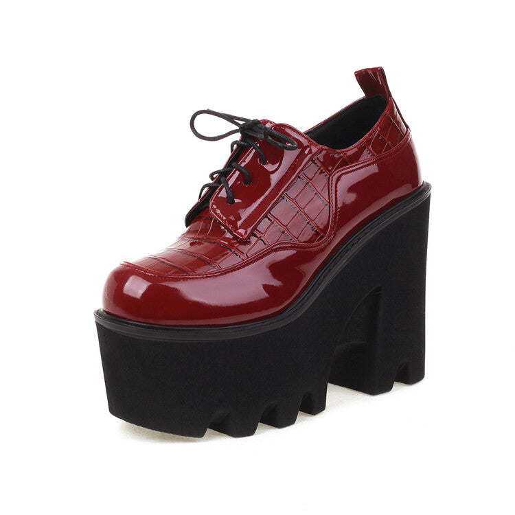 Women Plus Size Patent Leather Solid Color Lace Up Platform High Heels