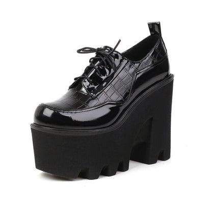 Women Plus Size Patent Leather Solid Color Lace Up Platform High Heels