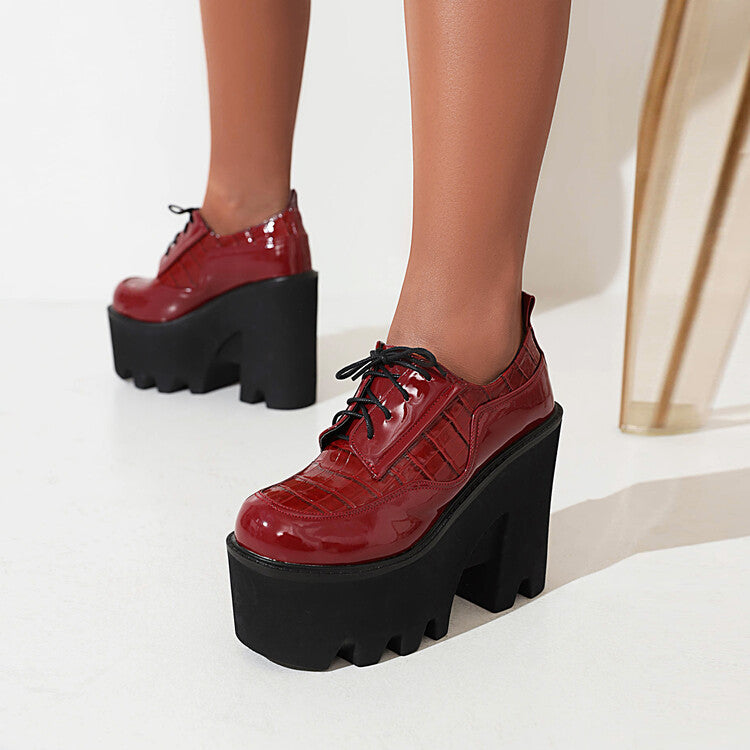 Women Plus Size Patent Leather Solid Color Lace Up Platform High Heels