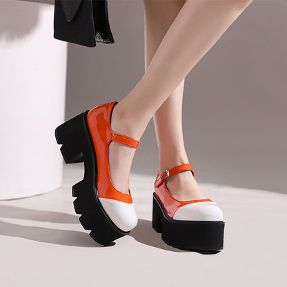 Women Candy Color Round Toe Ankle Strap Chunky Heel Platform Pumps Mary Janes