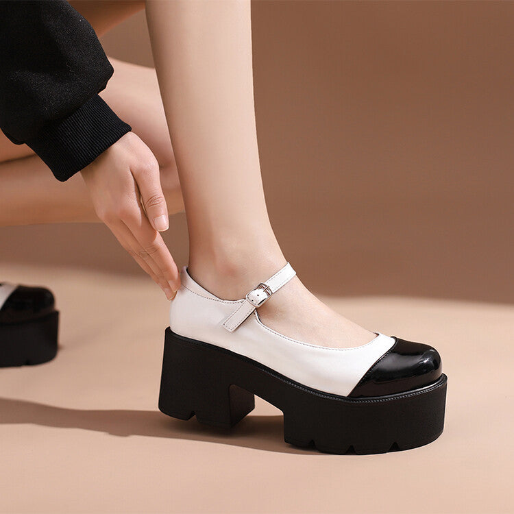 Women Candy Color Round Toe Ankle Strap Chunky Heel Platform Pumps Mary Janes