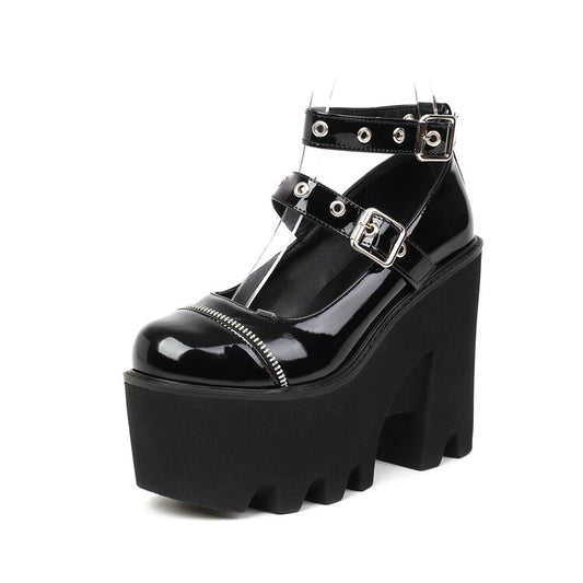 Women Rivets Thick Sole Round Toe Metal Buckle Chunky Heel Platform Pumps