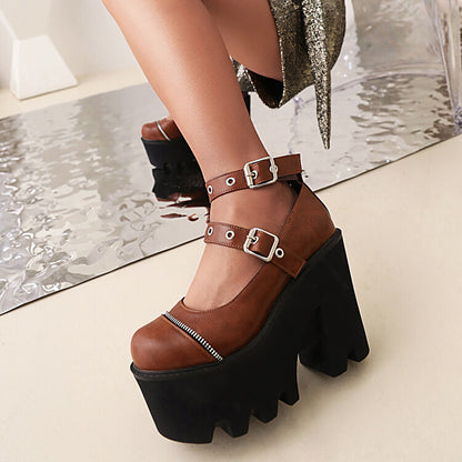 Women Rivets Thick Sole Round Toe Metal Buckle Chunky Heel Platform Pumps