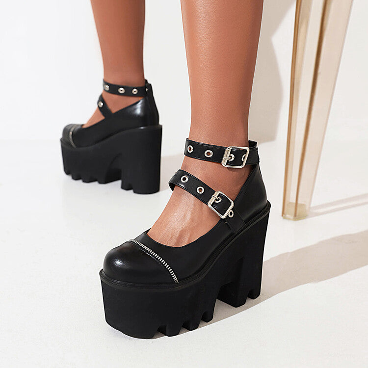 Women Rivets Thick Sole Round Toe Metal Buckle Chunky Heel Platform Pumps