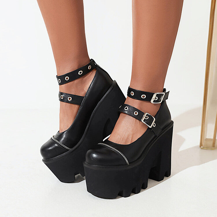 Women Rivets Thick Sole Round Toe Metal Buckle Chunky Heel Platform Pumps