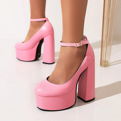 Ladies Pu Leather Round Toe Block Heel Platform Pumps High Heels Shoes