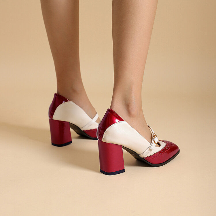 Women Color Block Square Toe Block Heels Mary Jane Pumps