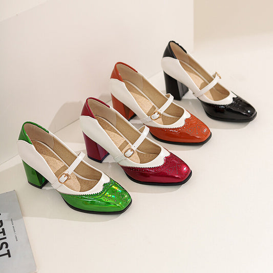 Women Color Block Square Toe Block Heels Mary Jane Pumps