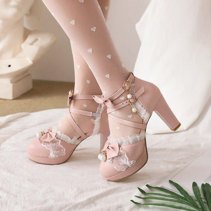 Women Lolita Pearls Lace Butterfly Knot Chunky Heel Platform Sandals