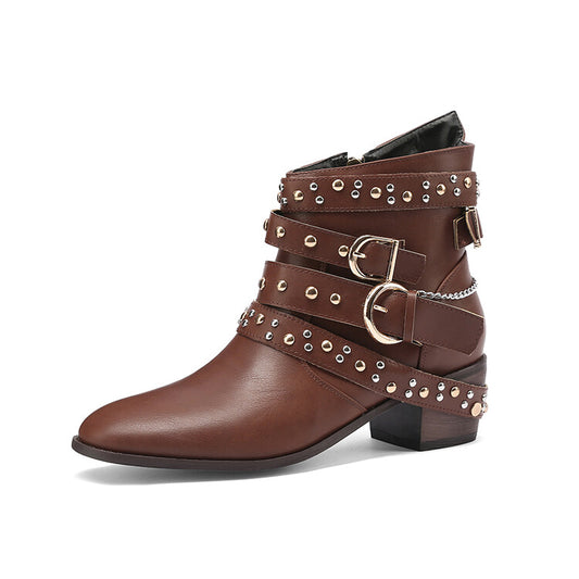 Women Rivets Buckle Straps Side Zippers Puppy Heel Cowboy Short Boots