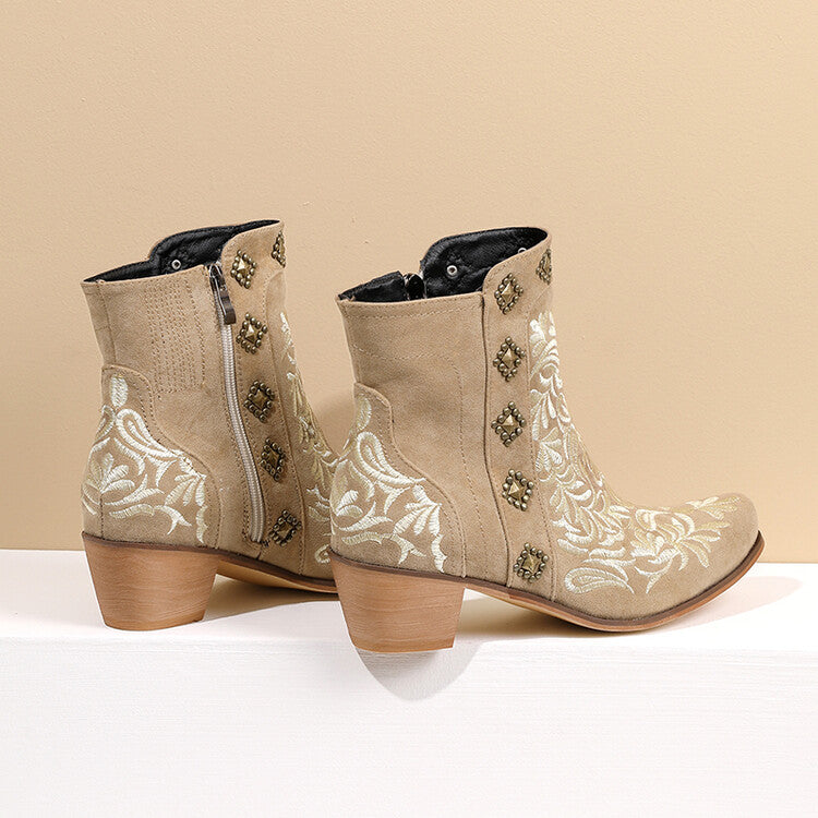 Women Flock Pointed Toe Rivets Embroidery Puppy Heel Cowboy Short Boots