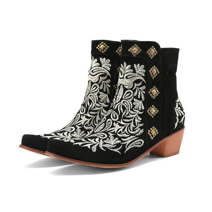 Women Flock Pointed Toe Rivets Embroidery Puppy Heel Cowboy Short Boots